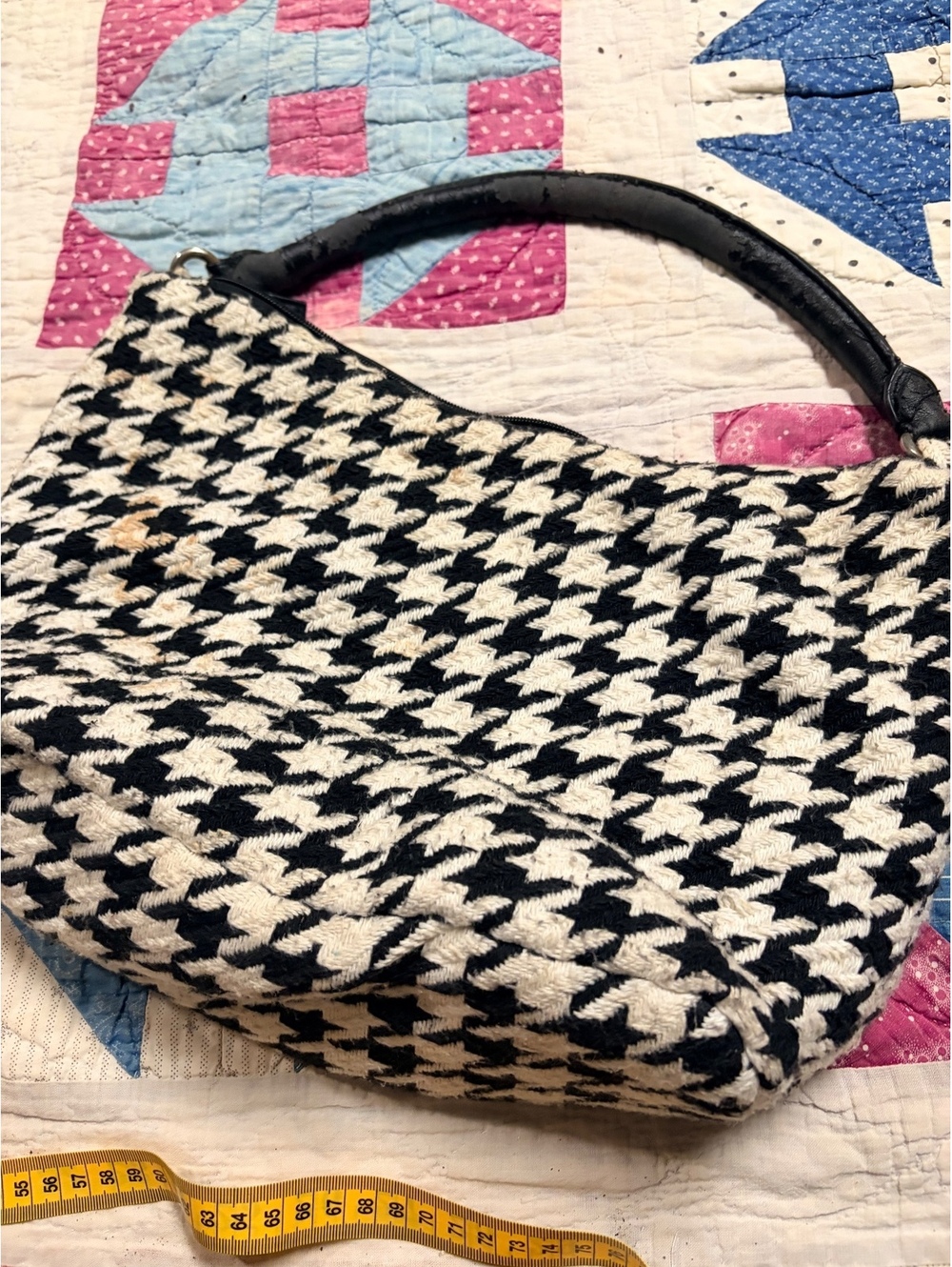 Vintage Black & White Houndstooth Knit Shoulder Bag Retro Handbag